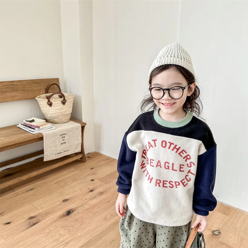 

Autumn Winter Kids Letters Hoodies contrast color patchwork long sleeve pullover girls round neck warm Tops