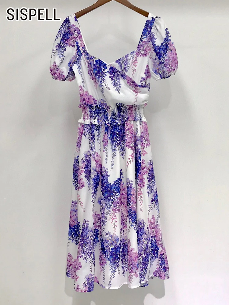 

SISPELL Slim Hit Color Dresses For Women Square Collar Puff Sleeve High Waist Elegant A Line Vintage Dress Female Fashion 2022