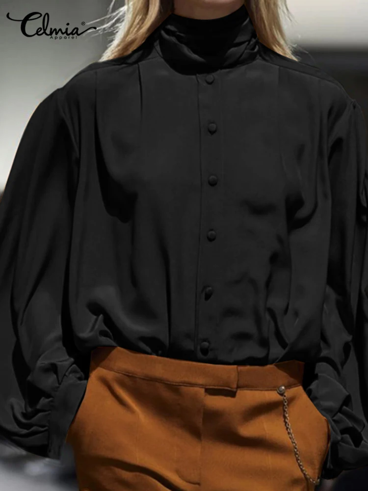 

Блузка Celmia Женская с длинным рукавом-фонариком, повседневная однотонная атласная плиссированная рубашка с завязкой на шее, весна 2023