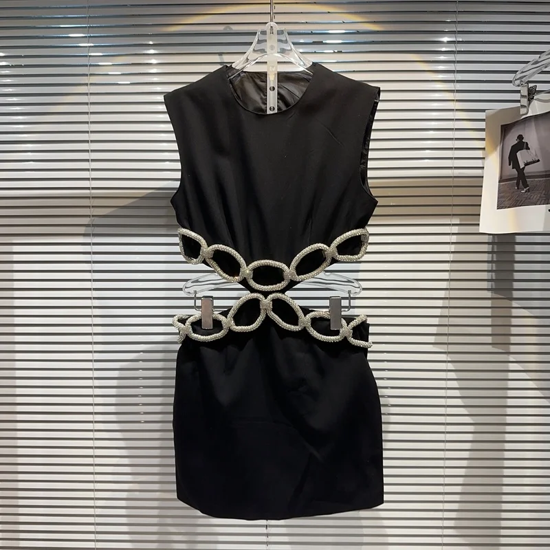 

PREPOMP 2023 Summer New Design Sleeveless Round Neck Rhinestone Ring Hollow Out Waist Black Knee Length Dress Women GK018