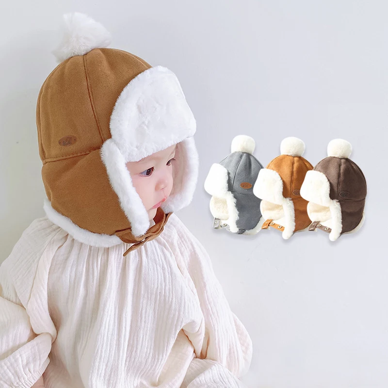 

Solid Color Baby Plush Hat Autumn Winter Warm Kids Beanie Cap Korean Toddler Boy Girl Ear Protection Earflaps Hats Bonnet
