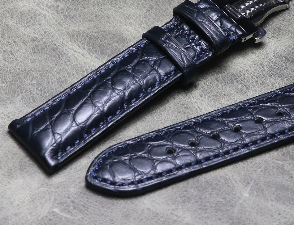 New Watch band dark blue 20mm 21mm 22mm crocodile leather butterfly buckle strap calfskin bottom bracelet vintage wristband