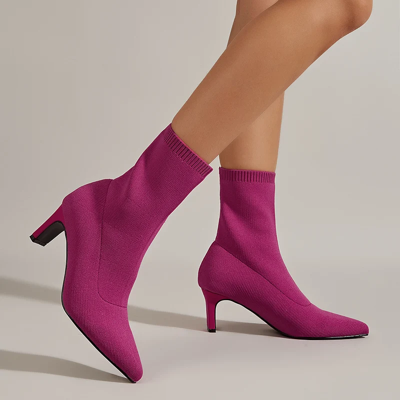 

2023 New Brand Ankle Boots Women Pointed Toe Sock Boots Thin High Heels Booties Ladies Elegant Stretch knit Dress Chelsea Shoes