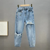 rhinestone jeans for women springsummer clothes 2022 new high waist loose ripped hole jean girls students steetwear denim pants