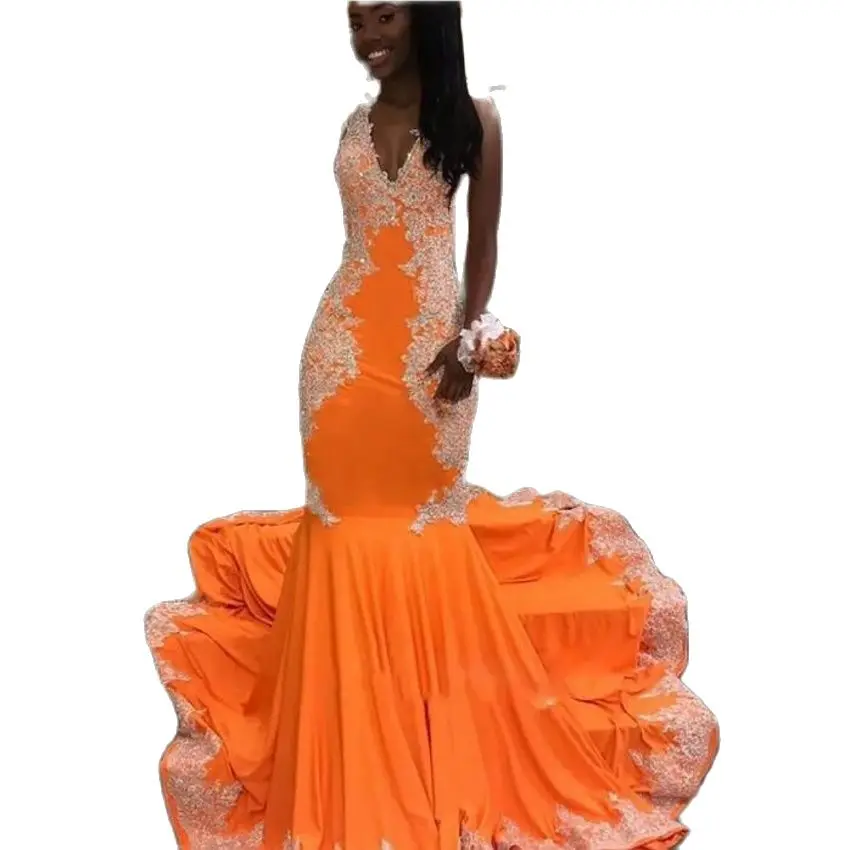 

Сексуальные платья для выпускного вечера, оранжевые платья с лямкой на шее, Украшенные бусинами, с открытой спиной, вечерние платья русалки,...