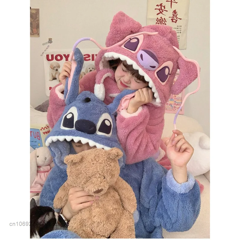 Disney Stitch Blue Pink Plush Pajamas Couple Cute Coral Velvet Pajamas Y2k Korean Warm Winter Flannel Housewear Suit For Women