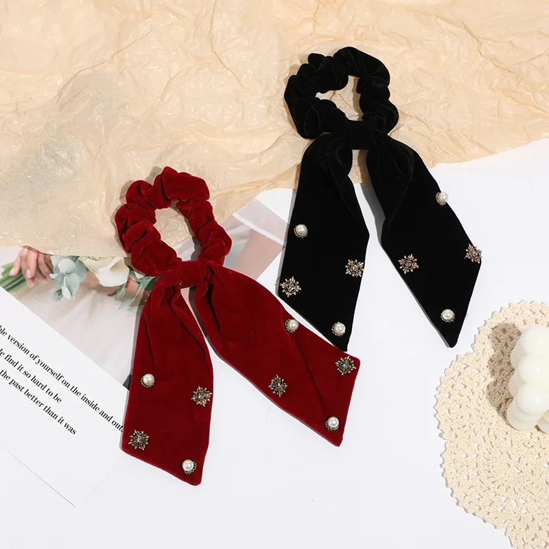 

Vintage Velvet Hair Band Red Black Crystals Pearl Bow Ribbon Ponytail Hair Rope For Women Headwear Korean Chic Hair Accessories