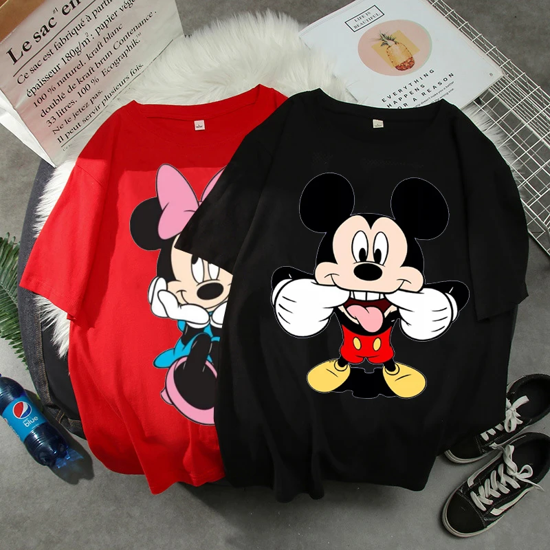 

Female T-shirt Summer Hot Cartoon Disney Mickey And Friends Minnie Mouse Leopard Bow Portrait T-Shirt Short Sleeve Teen Tops