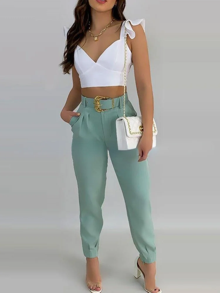 

Summer Fashion New Women's Sportswear Casual Two-piece Fashion Slim Casual Suit Short Top and Pants Female Office Wear