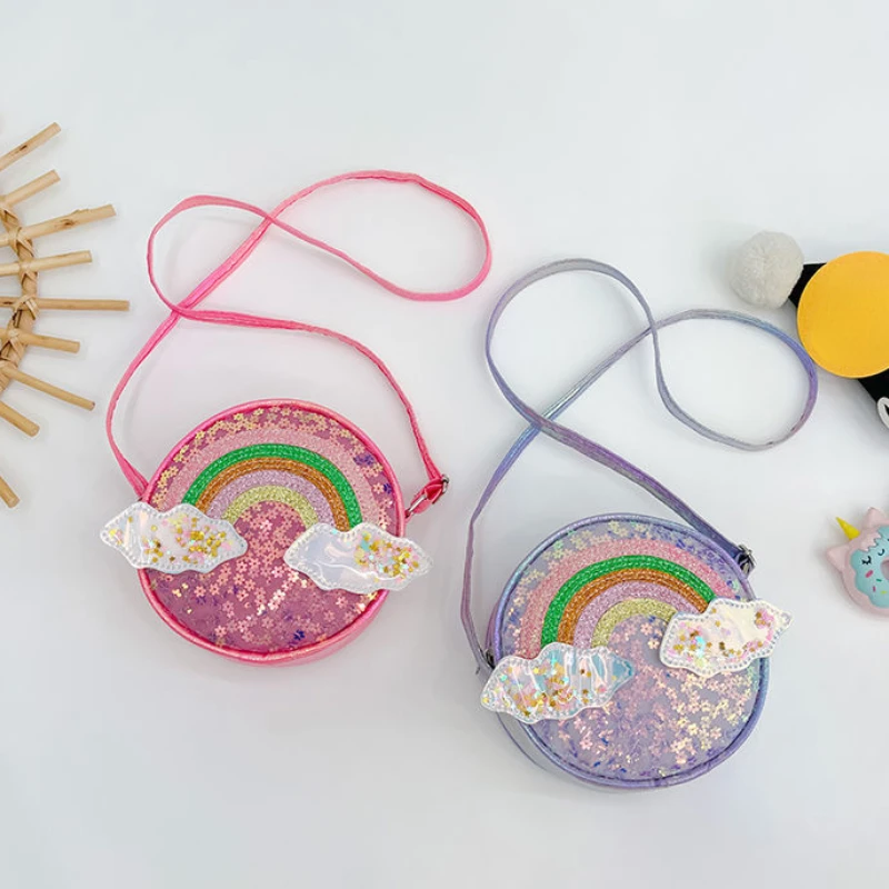 

Cute Rainbow Children's Shoulder Bags Lovely Pink Baby Girls Sequins Messenger Bag Princess Accessories Small Round Handbags
