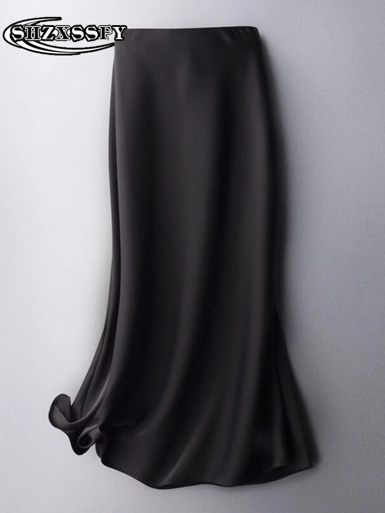 Юбка женская шелковая атласная средней длины элегантная офисная однотонная