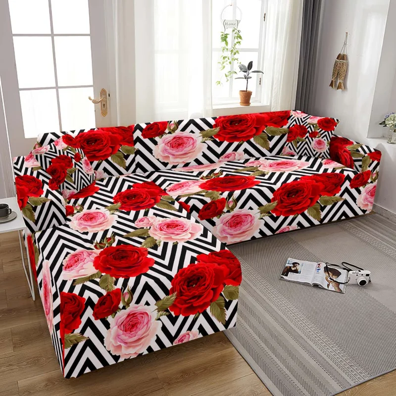 

3D Rose Print Sofa Cover Living Room Elastic Corner Sofa Cover L-Shaped Sofa (need to buy two pieces) Home Decoration for 1/2/3