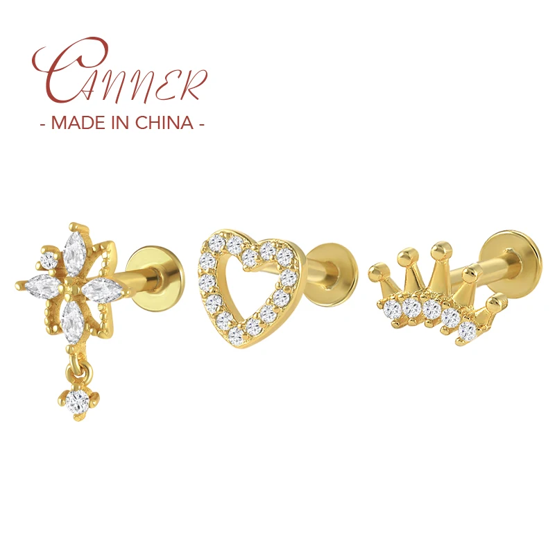

CANNER Pendientes Plata 925 Sterling Silver Piercing Earring For Women Bling Gemstones Cartilage Stud Earrings Pierced Jewelry