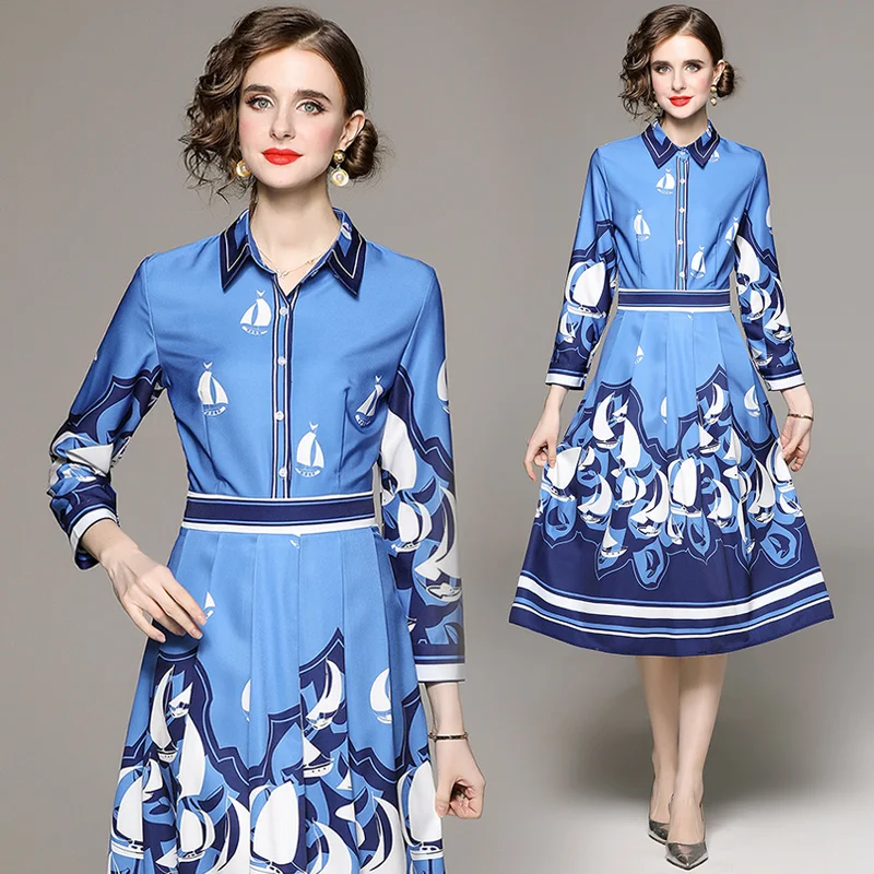 

Women's Spring New High-end Temperament Polo Neck Long Sleeve Single Breast Fashion Versatile Waist Slim Locational Print Dress