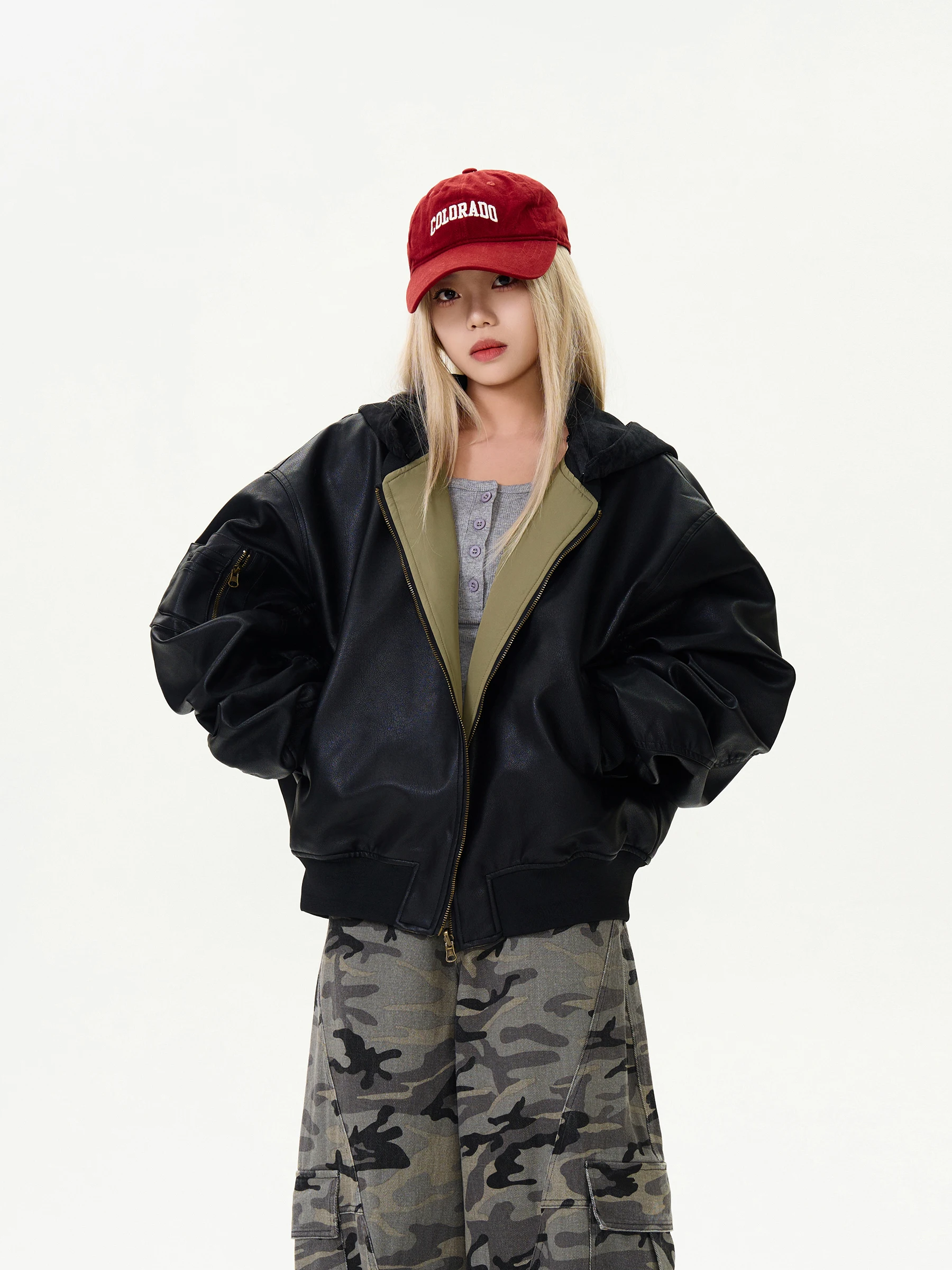 Koiisle двустороннее пальто из искусственной кожи съемная толстовка с капюшоном