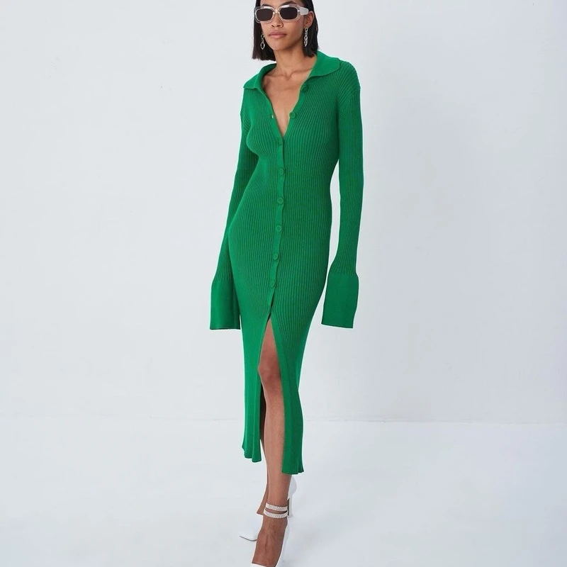 

2022 Spring Autumn Dresses for Women American Style Long Sleeve V-neck Dress Button Flare Sleeve Knitted Long Dresses