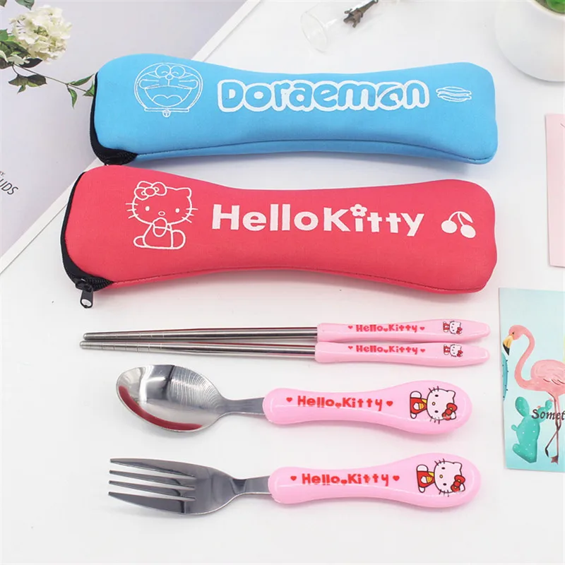 

Kt Cat Tableware Cartoon Stainless Steel Fork and Spoon Chopsticks Set Doraemon Anime Student Chopsticks Outdoor Easy To Carry