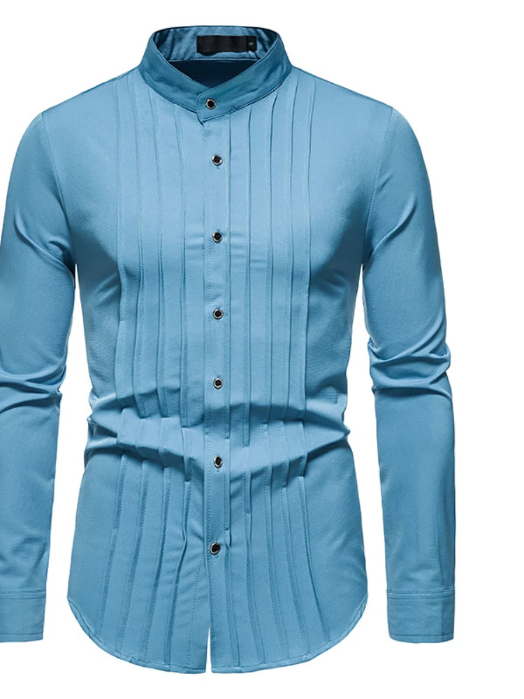 New Cutout Men's Business Shirts Pleated Henley Collar Long Sleeve Shirts Professional Wear Personalized Men's 2022 Shirts