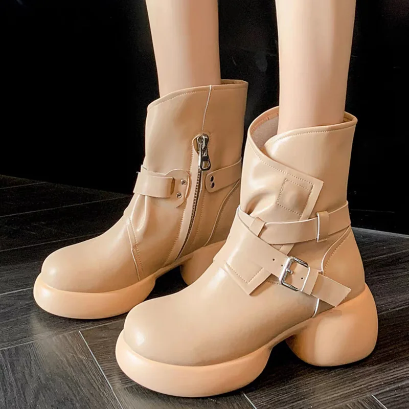 

Женские ботильоны на высоком каблуке в британском стиле, ботинки на толстой подошве с пряжкой из искусственной кожи, осенне-зимние ботинки