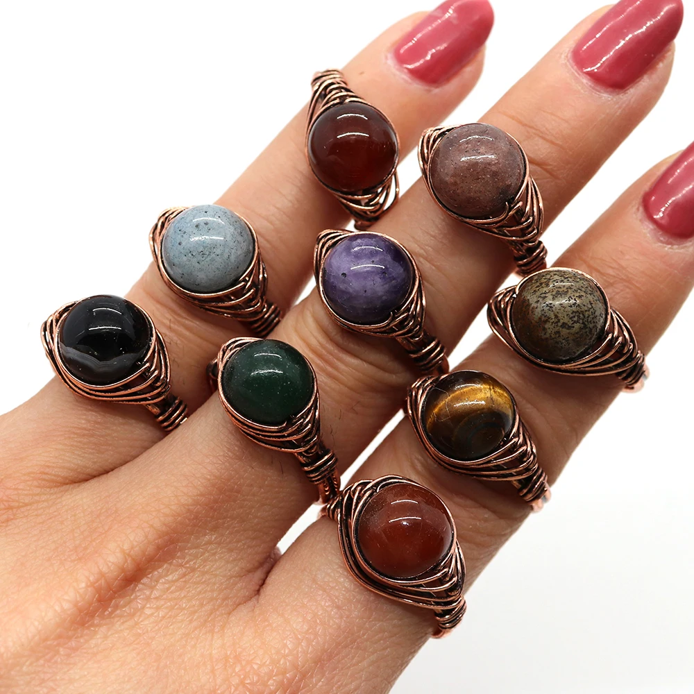 Natural Stone Open Adjustable Rings for Women Round Ball Amethyst Opal Quartz Crystal Agate Tiger Eye Stone Party Wedding Ring