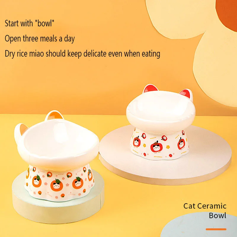 

New Ceramic Cat Bowl Dog Bowl Cathead Bowl Cat Ear Oblique Mouth Neck Protection Cat Food Bowl Supplies
