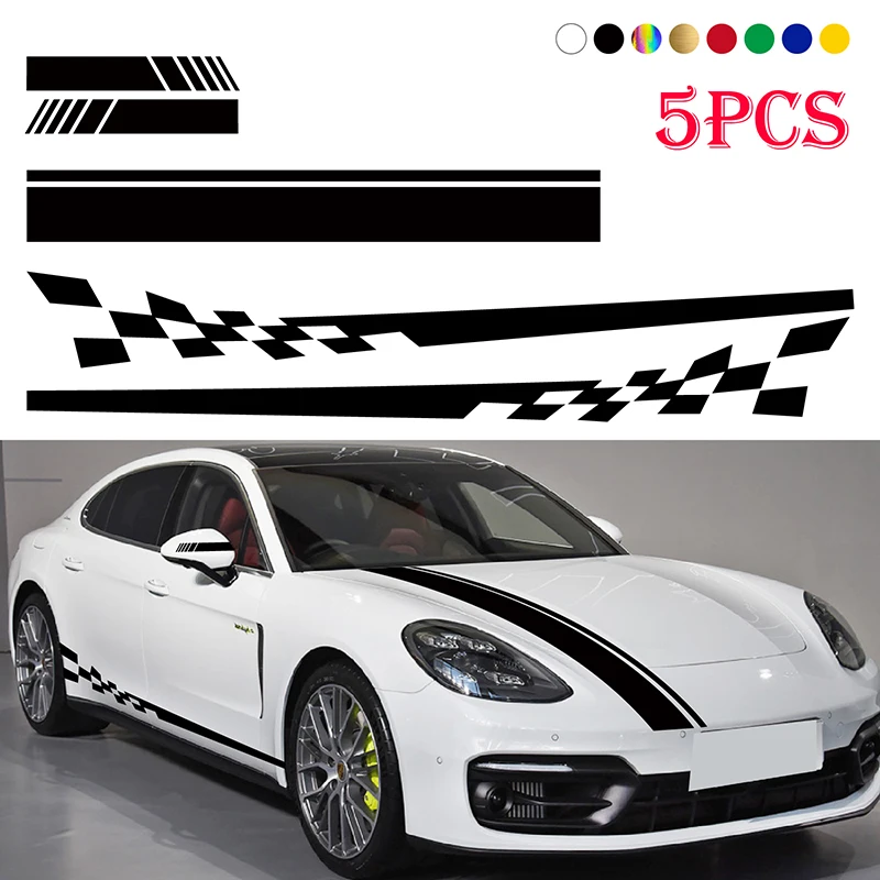 

5pcs Racing Car Side Body Stickers Stripe Hood Decals Rear View Mirror Vinyl Decoration