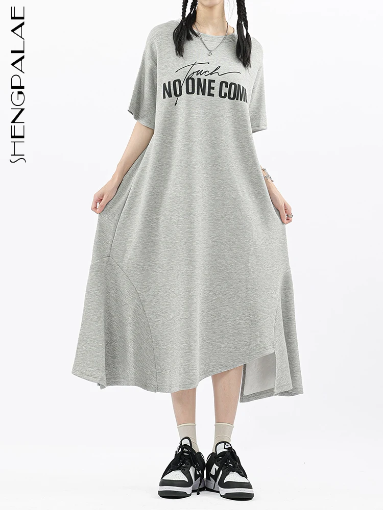 SHENGPALAE Letter Printed Dress For Women Round Neck Short Sleeve A-line Irregular Design T-shirt Vestido Autumn 2023 New 5R4503