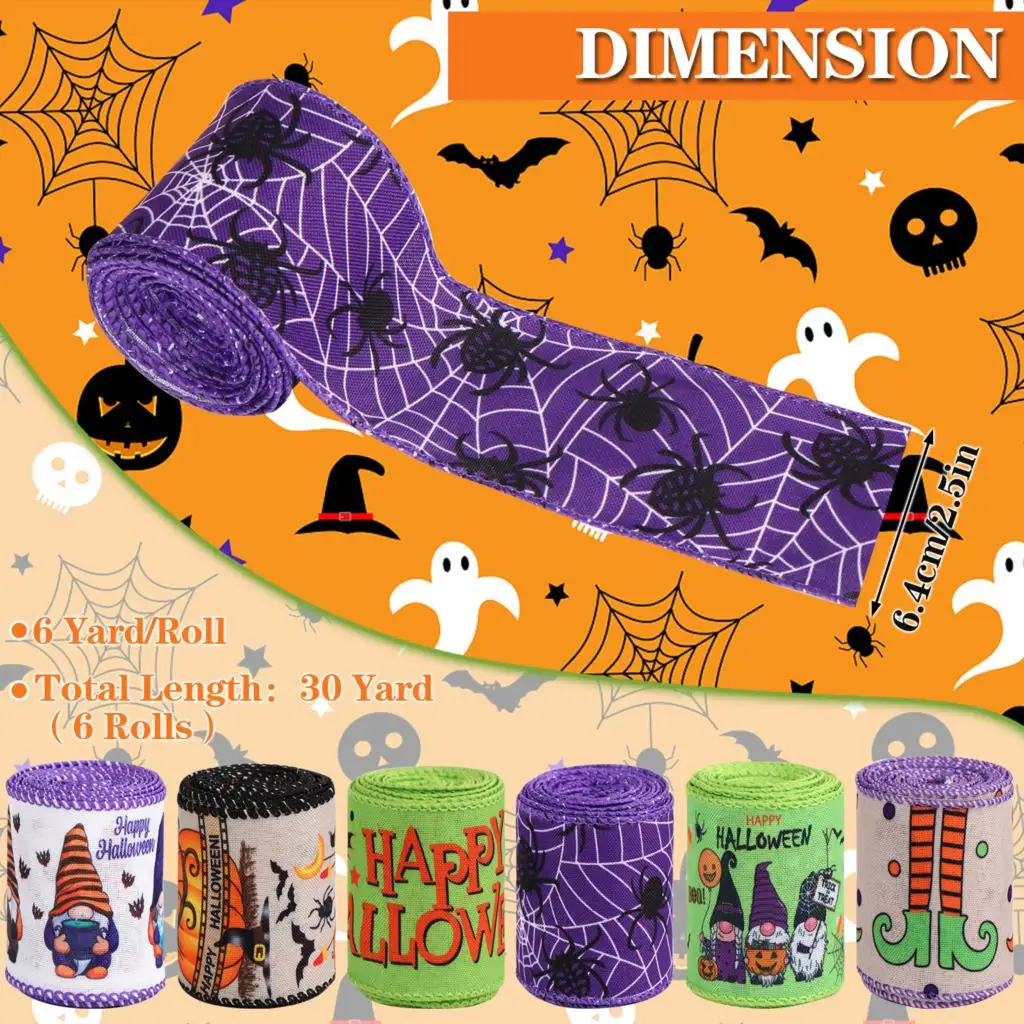 

6 рулонов, лента с проводными краями для Хэллоуина, 2,5 дюйма, летучая мышь, паук, тыква, лента с принтом, ведьма, ноги, шляпа, ленты