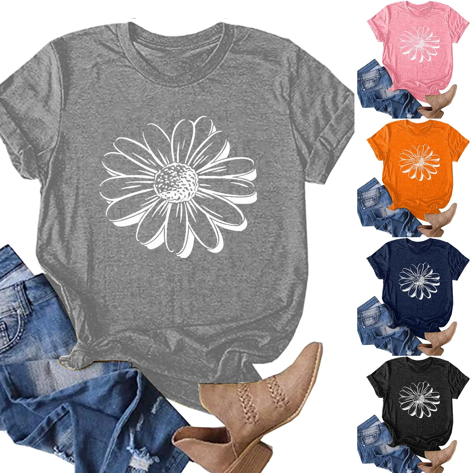 

Fashion Flower Print Women T Shirt Short Sleeve O-neck Casual Tops Tee Ladies Streetwear Loose Pullover Shirts