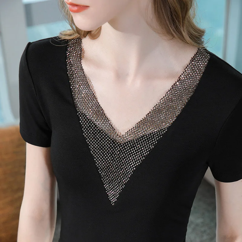 

Black Short-sleeved T-shirt Free Shipping fashion women blouses 2022 elegant summer Sexy V-neck Stretch T shirt Y2k Tops