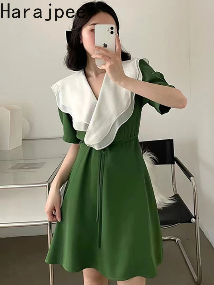 

Винтажное платье-трапеция в стиле харадзпи с оборками, отложным воротником и поясом, облегающее платье во французском стиле с пышными рукав...