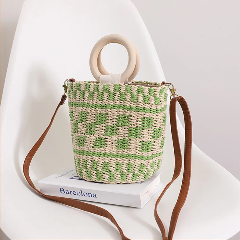 Summer Beach Bag Handmade Straw Rattan Woven Color Bump Tote Bags Wrapped Women Round Wood Top-handle Handbag Rattan Basketbag