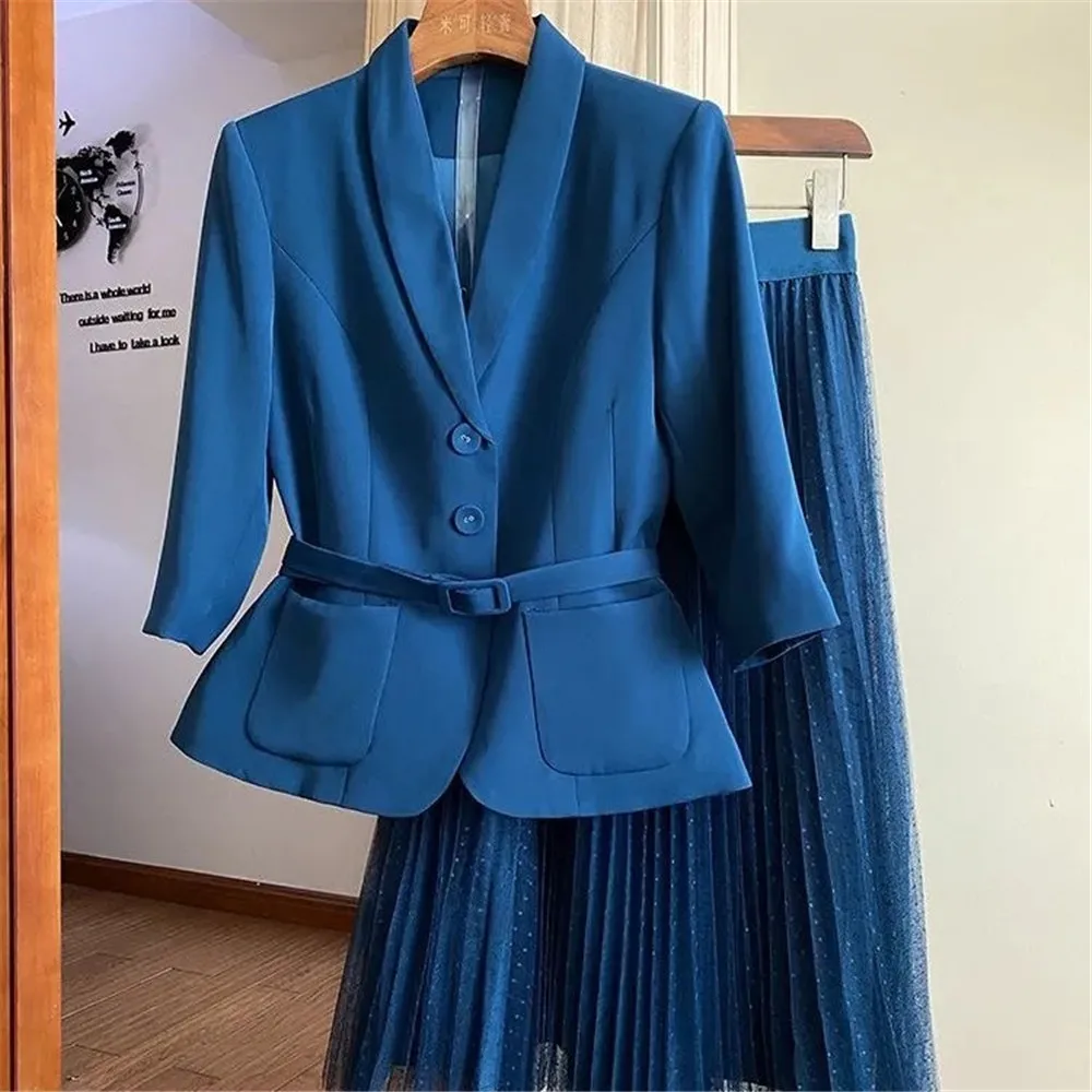 

Office Lady Elegant Suit Women 2 Piece Set Streetwear Stylish Belted Thin Blazer Jacket And Korean Pleated Long Mesh Skirt Suits