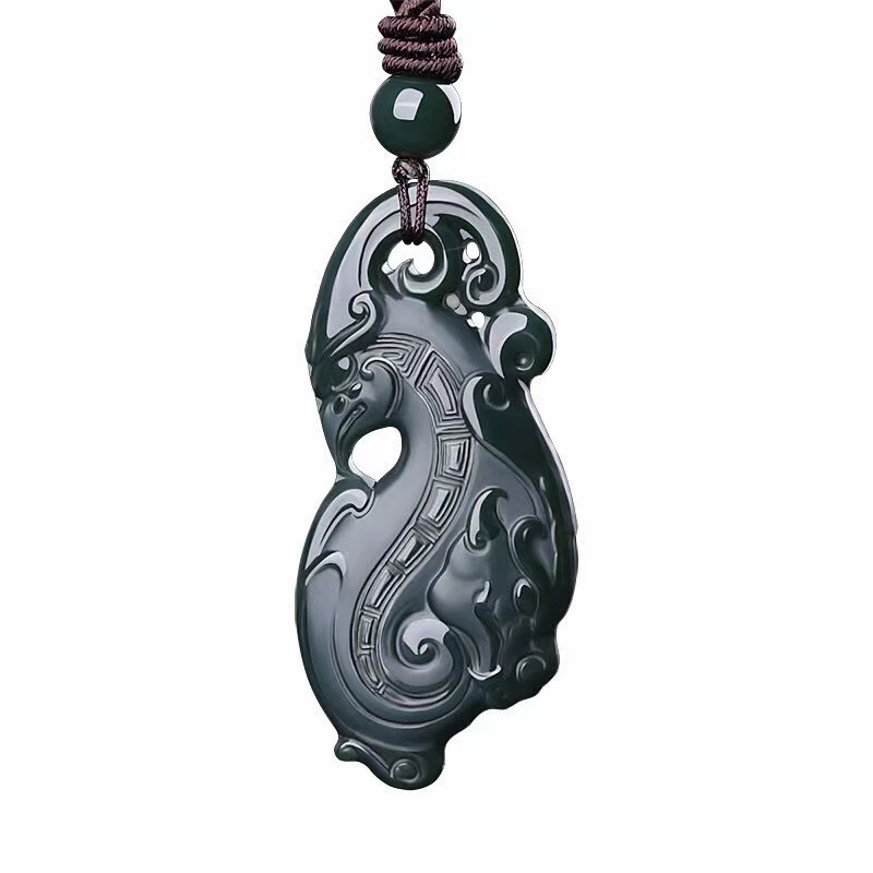 

Natural Hetian cyan Jade Carving Antique Dragon and Phoenix Pendant Charm Necklace Exquisite Jewelry Men Women with Chain