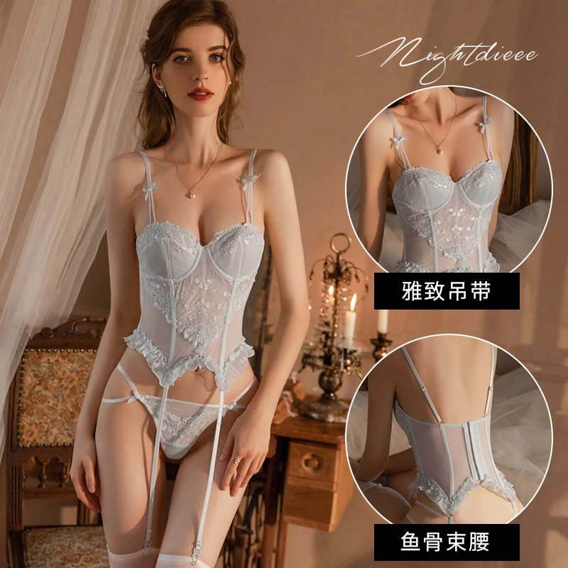 

Fancy Sexy Erotic Sets Intimate Outfit Luxury Lace Bra and Panty Stocking Set Underwear 3-Piece Wedding Delicate Female Lingerie