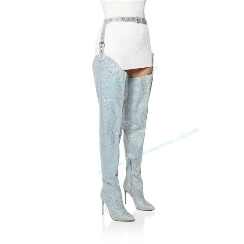 

Crystal Decor Waist Belt Boots Thigh High Pointed Toe Shoes for Women Thin High Heels Sexy Lady Shoes 2023 Zapatos Para Mujere