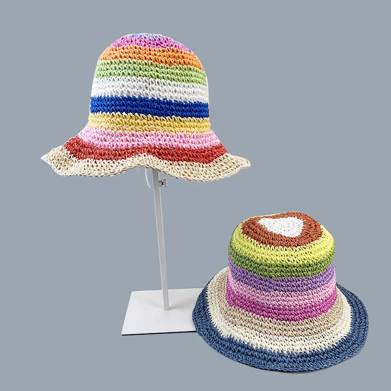 

2022 Summer Straw Crochet Bucket Hat Women's Foldable Panama Cap UV Sun Cap Boho Colorful Stripes Fishing Hat Vacation Beach Hat