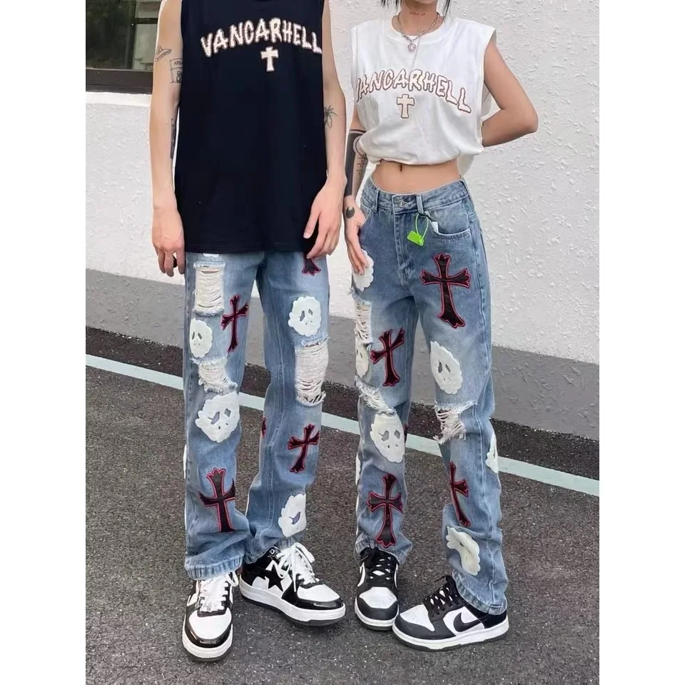 Embroidered Ripped Jeans Unisex Retro Loose Straight Pouch Casual Trendy Pants Vintage Trousers Skull Cross American Style 2023