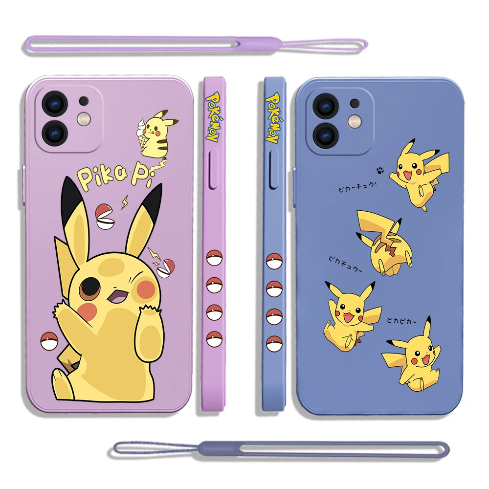 

Pokemons Pikachus Phone Case For iPhone 14 13 12 11 Pro Max Mini X XR XS SE 2020 8 7 Plus 6 6S Plus Silicone Cover With Lanyard