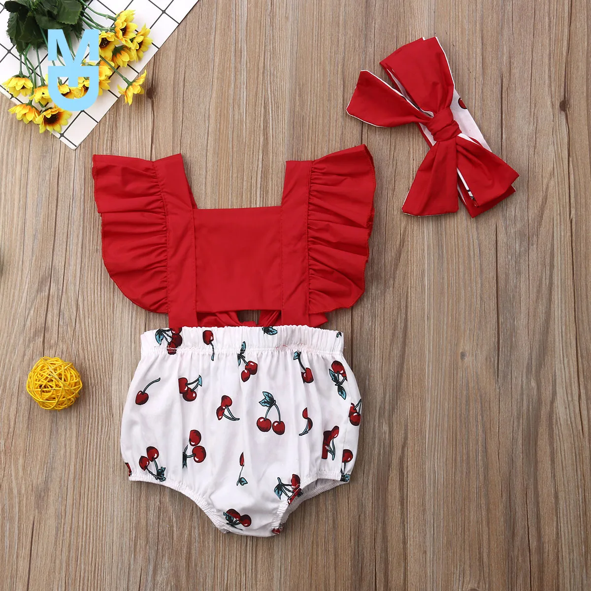 

New 2022 Baby Summer Clothing Kids Newborn Baby Girls Ruffled Romper Hollow Out One-Pieces+Headband Cherry Print Jumpsuit Outfit