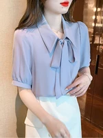 2022 summer blue bow for shirt women blouse turn down collar top office lady clothes elegant short sleeve chiffon blouses femme