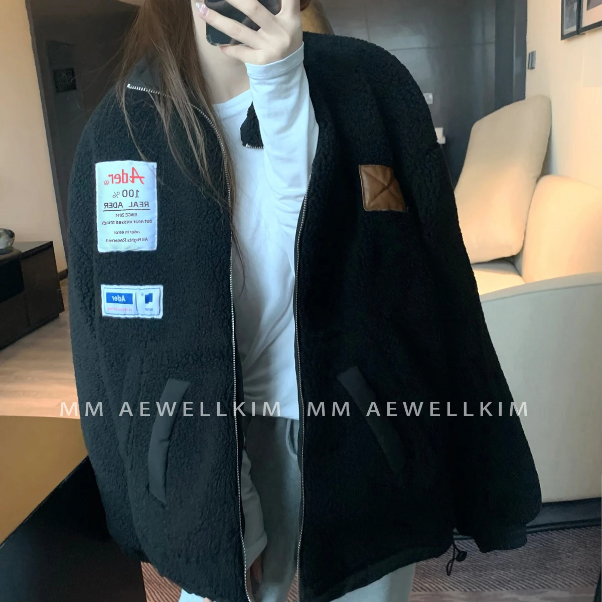 Ader error Lamb wool coat Autumn and winter men and women thickened fleece stand collar cotton padded clothes on both sides