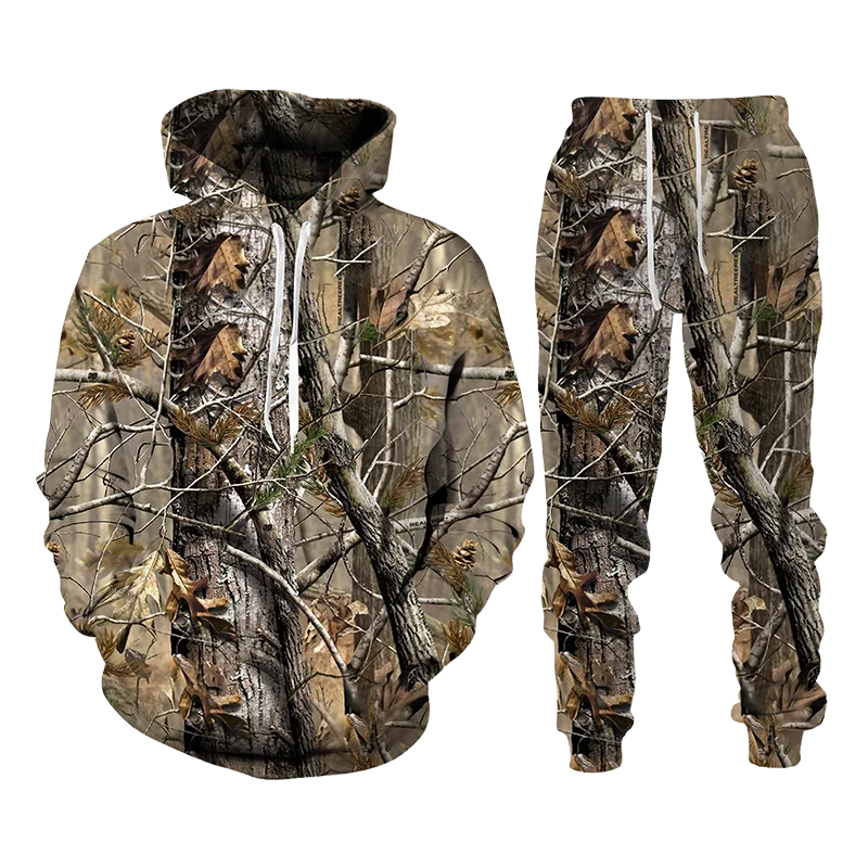 Funny3D Printing Bionic Maple Leaf and Pine Tree Camouflage Unisex Clothing Men's Pullover+Pants Set 2 Piece Casual Men's Hoodie