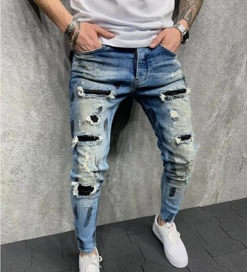 2023 New Fashion Painted Hole Ripped Skinny Jeans Men wash Solid Trouser Hip Hop Casual Slim Fit Pencil Denim Pants