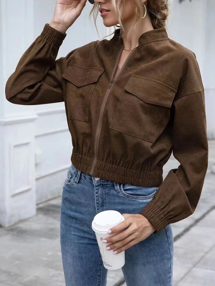 

Women Coat Spring Autumn Solid Pocket Collar Zipper Casual Short Top Vintage Streetwear Jackets for Women 2022 Fashion Style