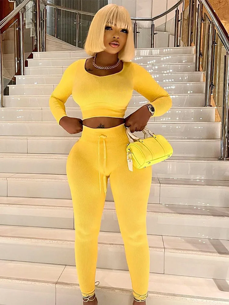 

Casual Soild Silm Pant Two Piece Sets Womens Outifits Spliced O-Neck Long Sleeve Navel-less Tops Lace-up Fashion Yellow Trousers