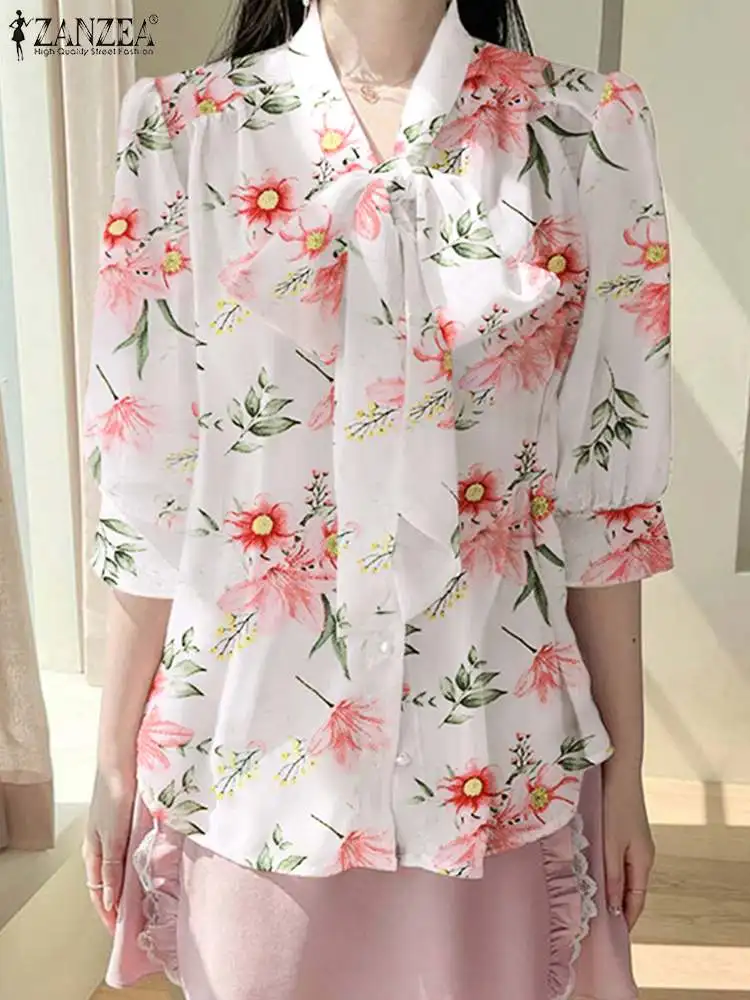 

Элегантная блузка ZANZEA с цветочным принтом, элегантная женская офисная блузка с рукавом до локтя, модные блузки с плиссированными плечами и завязкой на шее