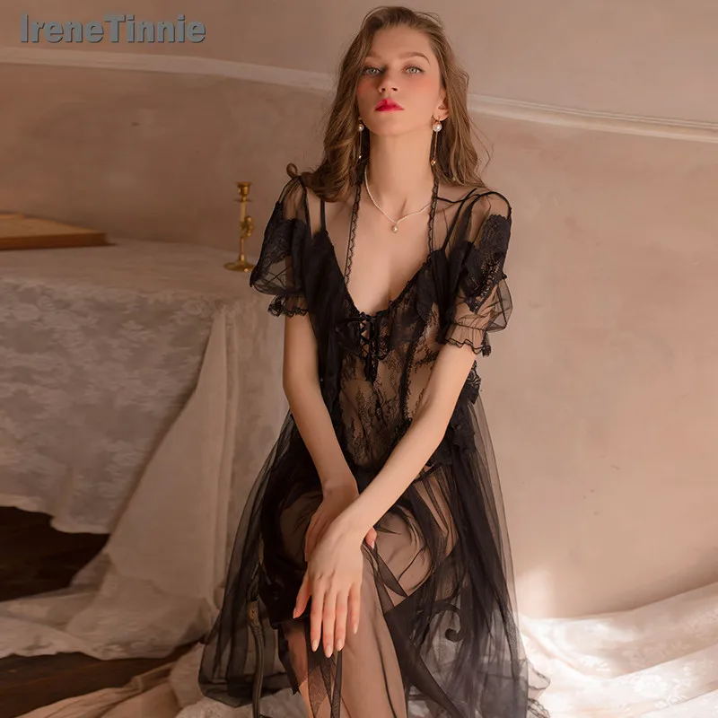 

IRENE TINNIE Lace Long Nightdress Women Perspective Underwear Suspender Slim Dress Exotic Costume For Robe Suit пижама женская