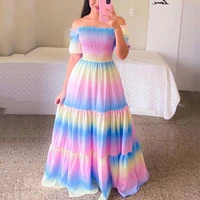 sexy off the shoulder tube top dress butterfly rainbow floral print dress ladies elegant slim summer bohemian party maxi dresses