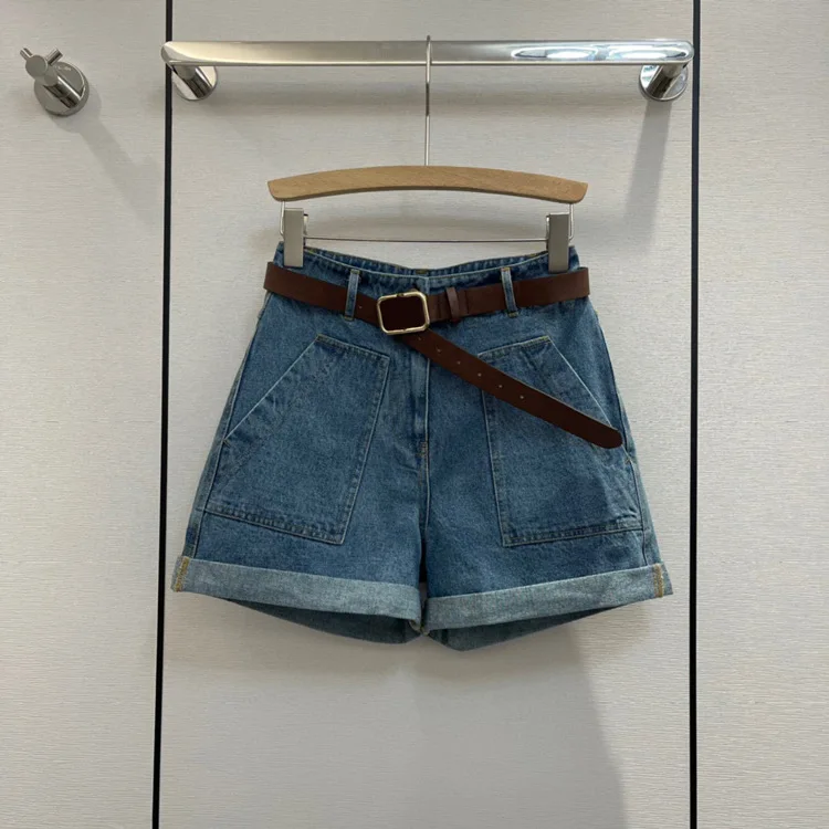 

Luxury Curled Denim Shorts Casual A-line Tie Mid-high Waist Thin Blue Short Pants 2022 Summer Women's High-end Jean Shorts